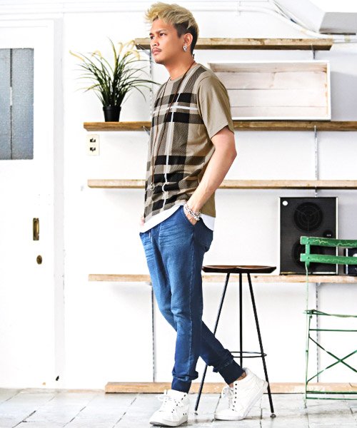 セール フェイクレイヤードチェック柄tシャツ Tシャツ メンズ 半袖 チェック柄 ネックレス付き ラグスタイル Luxstyle Magaseek
