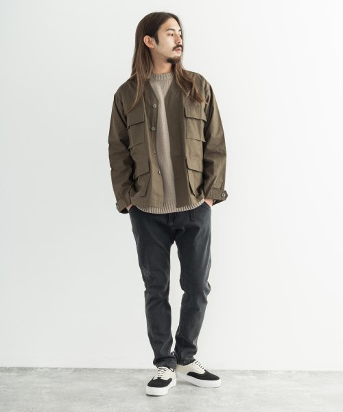 ミリタリージャケット メンズ レディース ショート丈 ノーカラー ライトアウター レイヤード 重ね着 ワーク 綿 コットン ツイル 経年変化 オーバーサイズ ル ロッキーモンロー Rocky Monroe Magaseek