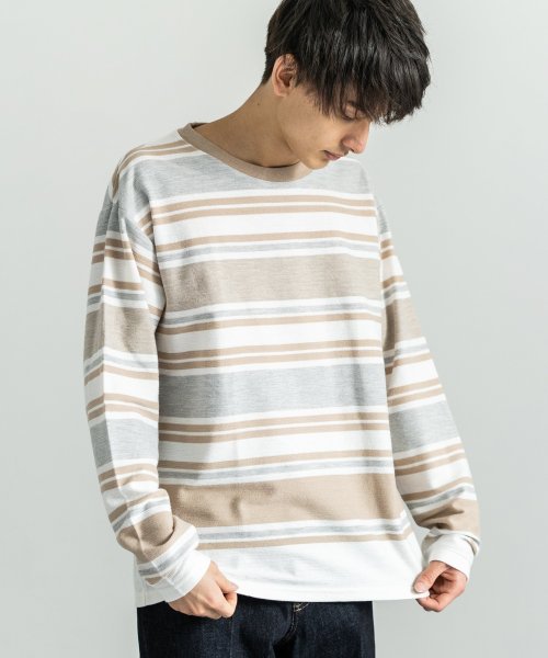 ニットソー Tシャツ ロンt メンズ 長袖 インレイ編み ニット ボーダー クルーネック サマーニット 8704 ロッキーモンロー Rocky Monroe Magaseek