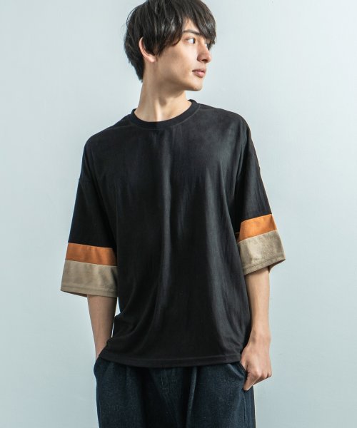 5分袖tシャツ メンズ スエードポンチ 切替 カットソー ビッグ