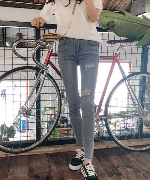 セール クラッシュデニム ダメージ ジーンズ レディース スキニー デニムパンツ 美脚 ジーパン カジュアル パンツ ロング ミニミニストア Miniministore Magaseek