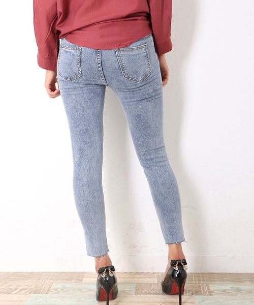 セール スキニーデニム レディース クラッシュ デニムパンツ カットオフ ウエスト アシンメトリー ジーンズ 9分丈 切りっぱなし ミニミニストア Miniministore Magaseek