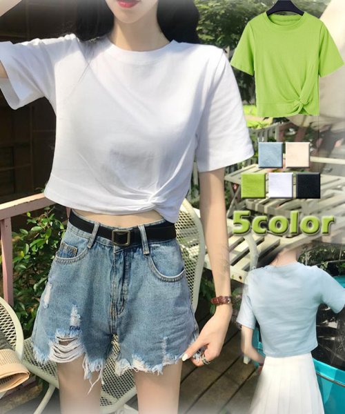 tシャツ レディース 半袖 へそ出し ショート丈 tシャツ トップス 無地 綿 カットソー 薄手 黒 白 ショッピングゴー Shoppinggo Magaseek