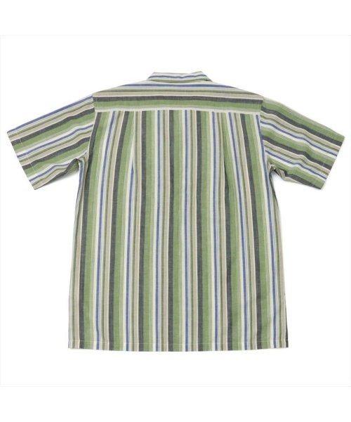 セール カジュアルシャツ 半袖 オープンカラー 麻混 グリーン系マルチストライプ メンズ ブリックハウス Brickhouse Magaseek