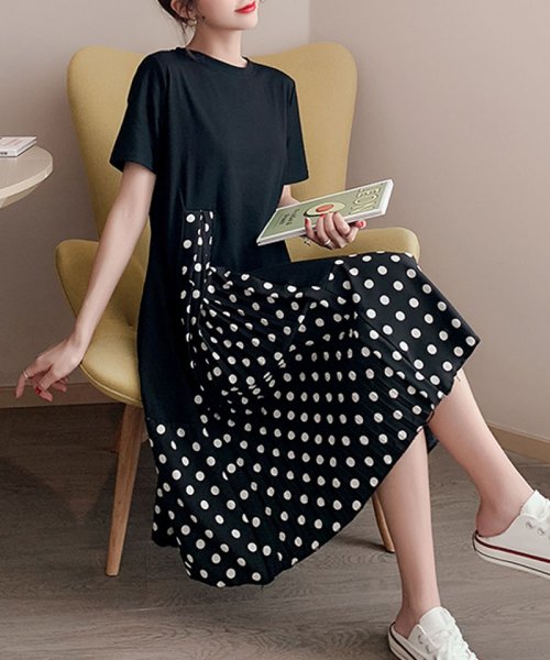 セール マキシワンピース レディース れいめ 上品 カジュアル ドット柄 半袖 ロング丈 ロングワンピース プリーツ 切り替えワンピース 黒 ショッピングゴー Shoppinggo Magaseek