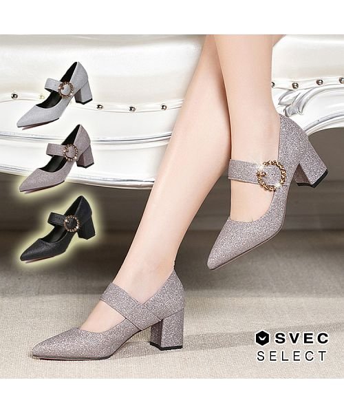 SVEC(シュベック)/パンプス シューズ レディース グリッター ジュエルバックル メリージェーン ブラック 黒 シルバー ピンク 6cmヒール 美脚 クリスマス Xmas パーティ/img01