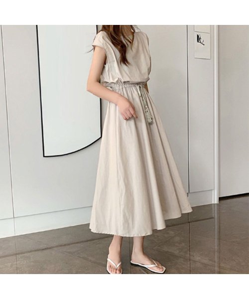 リネンワンピース レディース ウエストゴム チェック柄 ロングワンピース ウエストシャーリング Aラインワンピース ノースリーブ