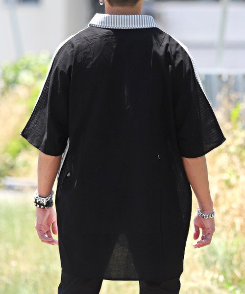 LUXSTYLE(ラグスタイル)/ストライプ＆無地切替ビッグシャツ/シャツ メンズ 半袖 5分袖 ビッグシルエット ユニセックス/img01