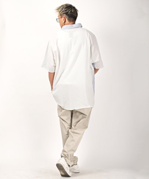 LUXSTYLE(ラグスタイル)/ストライプ＆無地切替ビッグシャツ/シャツ メンズ 半袖 5分袖 ビッグシルエット ユニセックス/img04