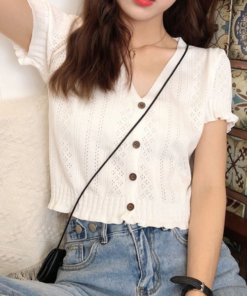 セール サマーニット カーディガン レディース 半袖トップス ニット薄手 ショート丈 接触冷感 ニットソー きれいめ 白 無地 おしゃれ Vネック ショッピングゴー Shoppinggo Magaseek