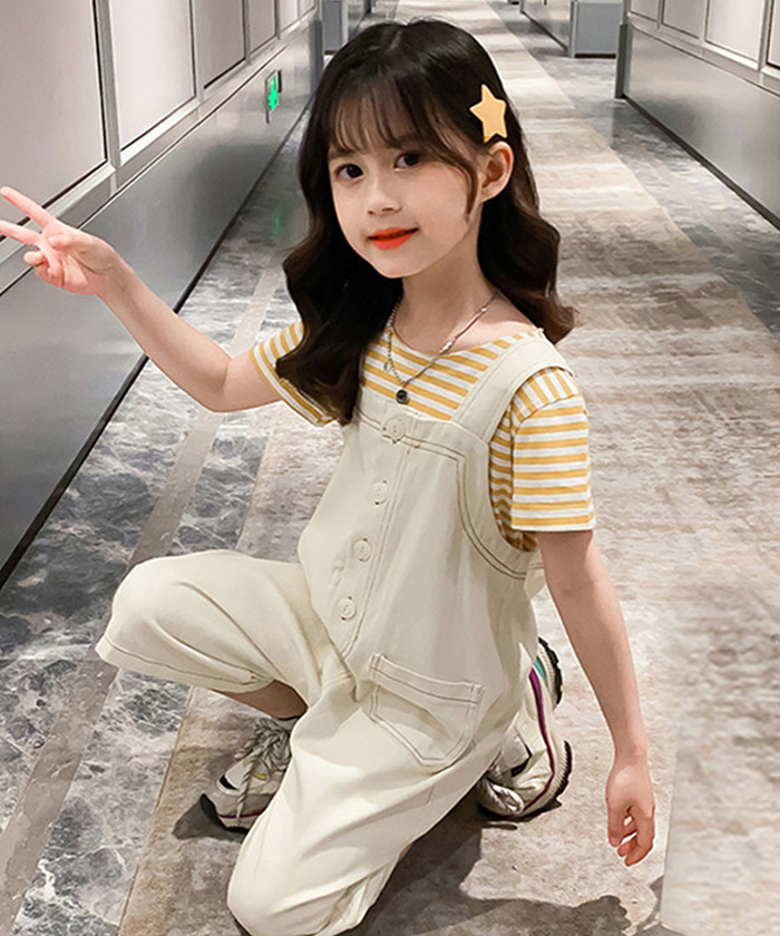 子ども服オーバーオール キッズ サロペット ｔシャツ おしゃれ 2点セット パンツ 半袖 子供服 女の子 ジュニアサイズ