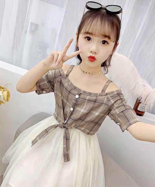 キッズワンピース ドレス おしゃれ 女の子 キャミワンピース 肩出し 子供服 夏 韓国子供服 売店 サマー ドッキング チェック柄 春