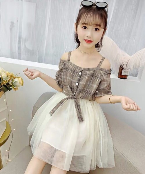 セール キッズワンピース ドレス おしゃれ 女の子 キャミワンピース 肩出し 子供服 春 夏 サマー ドッキング チェック柄 韓国子供服 ミニミニストア Miniministore Magaseek