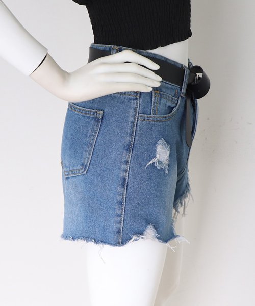 セール ショートパンツ デニム レディース ハイウエスト ダメージ ホットパンツ ボトムス 短パン 着やせ ベルト付き ミニミニストア Miniministore Magaseek