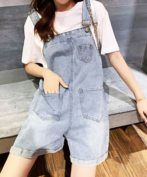 セール サロペット ショート丈デニム レディース オールインワン ハーフパンツ ショートパンツ 夏 ダメージ加工 ミニミニストア Miniministore Magaseek