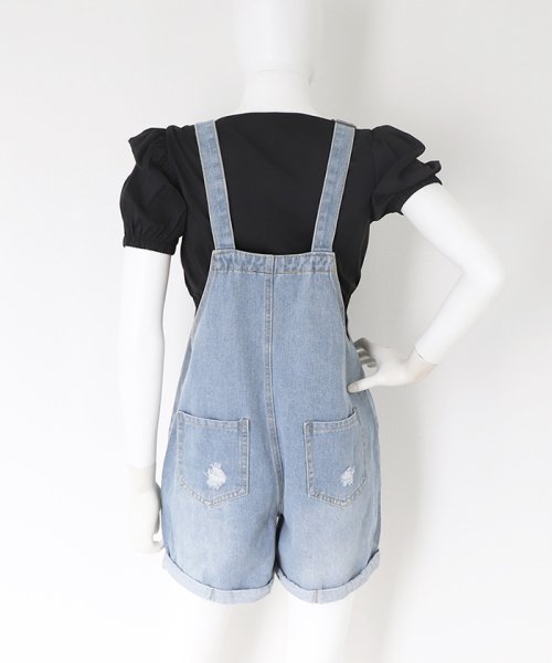 セール サロペット ショート丈デニム レディース オールインワン ハーフパンツ ショートパンツ 夏 ダメージ加工 ミニミニストア Miniministore Magaseek