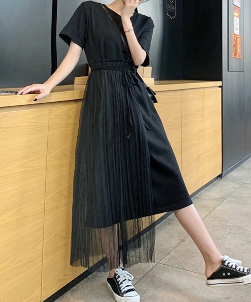 ミニミニストア Miniministore チュール付ワンピース 春夏 レディース Tシャツワンピース ひざ丈 ウエスト絞りワンピース 黒 無地 カジュアルワンピ 半袖 Magaseek
