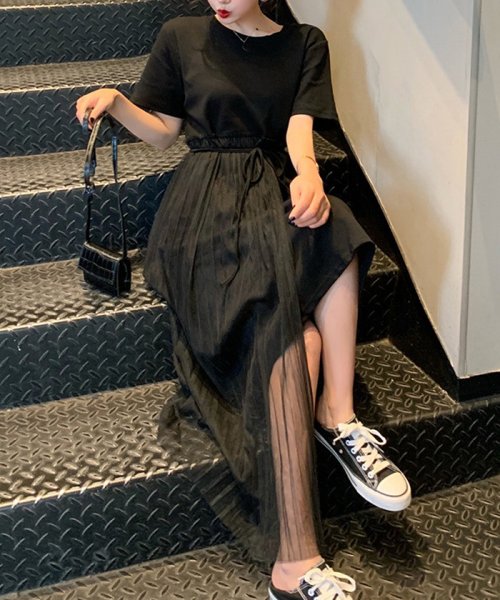 セール ミニミニストア Miniministore チュール付ワンピース 春夏 レディース Tシャツワンピース ひざ丈 ウエスト絞りワンピース 黒 無地 カジュアルワンピ 半袖 Magaseek