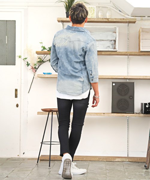 セール 6分袖デニムバイカーシャツ デニムシャツ メンズ 6分袖 7分袖 ウエスタンシャツ 刺繍 ラグスタイル Luxstyle Magaseek