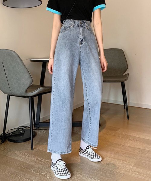 ストレート デニムパンツ レディース サックス ロングパンツ ハイウエスト ボトムス 着やせ ジーンズ カジュアル ミニミニストア Miniministore Magaseek