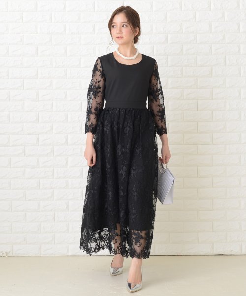 花柄シースルー袖ロングパーティドレス ワンピース レースレディース Lace Ladies Magaseek
