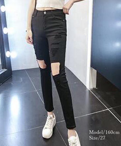 セール デニム スキニー レディース デニムパンツ ダメージ入り ジーンズ ストレッチパンツ ロング丈ボトムス ミニミニストア Miniministore Magaseek