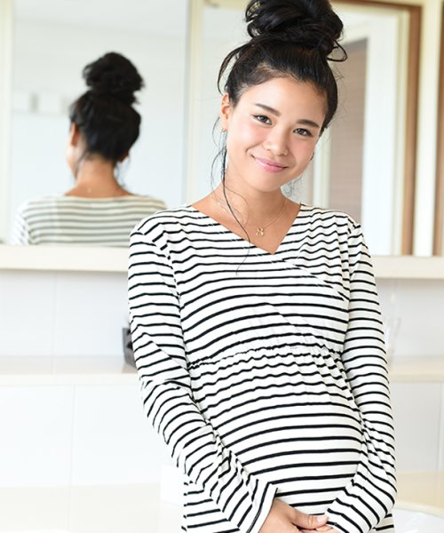 授乳服 マタニティ服 授乳 ワンピース ルームウェア ロング丈 長袖 伸縮性 フリーサイズ 手洗い可 ホワイト おしゃれ レ チョコア Chocoa Magaseek