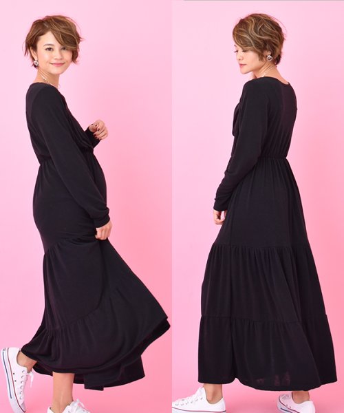 授乳カシュクールロングワンピース【マタニティ服／授乳服】柔らか 美ライン マタニティワンピース 授乳ワンピース カシュクール 授乳 妊婦 産前産後 春夏秋冬