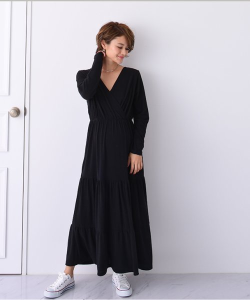 授乳カシュクールロングワンピース【マタニティ服／授乳服】柔らか 美ライン マタニティワンピース 授乳ワンピース カシュクール 授乳 妊婦 産前産後 春夏秋冬