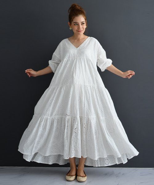 Pre Mo掲載 授乳ボリュームレースワンピース マタニティ服 授乳服 マタニティワンピース レース ビッグシルエット バルーンスリーブ 妊婦 妊娠 産前産後 チョコア Chocoa Magaseek