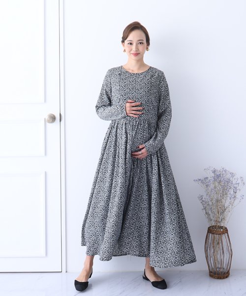 授乳小花柄ワンピース マタニティ服 授乳服 マタニティワンピース 授乳ワンピース 花柄 デザインワンピース 妊婦 妊娠 産前産後 秋冬春 チョコア Chocoa Magaseek