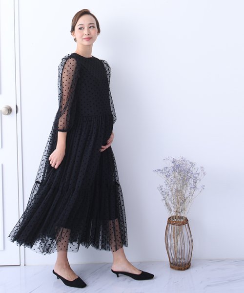 授乳ドットチュールワンピース マタニティ服 授乳服 マタニティワンピース フォーマル 授乳ワンピース フォーマル ドット チュー チョコア Chocoa Magaseek