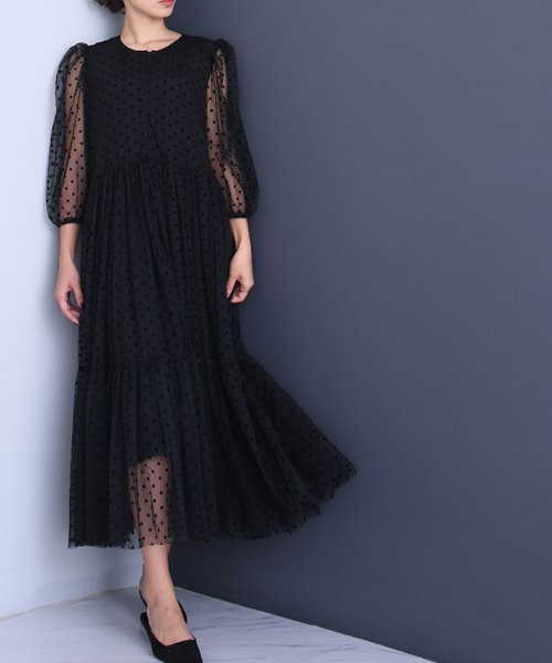 授乳ドットチュールワンピース マタニティ服 授乳服 マタニティワンピース フォーマル 授乳ワンピース フォーマル ドット チュー チョコア Chocoa Magaseek