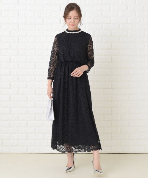 総レース ウエストゴム ハイネックロングワンピース ドレス レースレディース Lace Ladies Magaseek