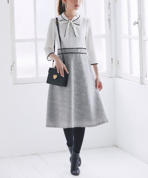 パール付き配色ライン入りボウタイりぼん ツイードドッキングワンピース トッコクローゼット Tocco Closet Magaseek