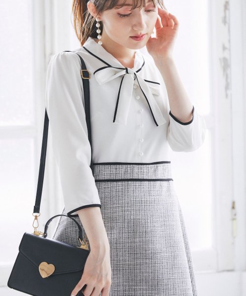 パール付き配色ライン入りボウタイりぼん ツイードドッキングワンピース トッコクローゼット Tocco Closet Magaseek