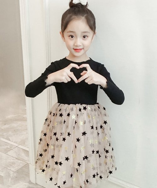 セール キッズ 長袖ワンピース 韓国子供服 女の子 ラウンドネック 星柄 ドッキング ワンピース 秋 発表会 演奏会 結婚式 ミニミニストア Miniministore Magaseek