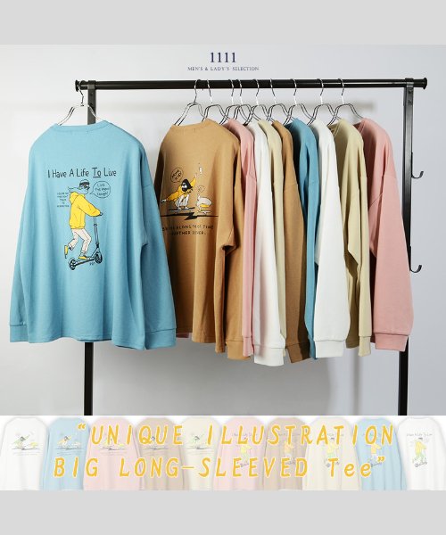 1111clothing(ワンフォークロージング)/ビッグtシャツ メンズ 長袖tシャツ レディース ビッグシルエット 長袖 tシャツ くすみカラー ロンt ゆったり プリント ロゴ tシャツ 大きめ ロング/img08