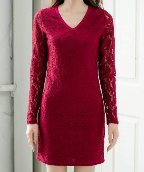 セール Vネック花柄レース長袖ワンピース 508 レディース ワンピース タイト レース 花柄 くびれ 長袖 ミニ ジュリアブティック Julia Boutique Magaseek