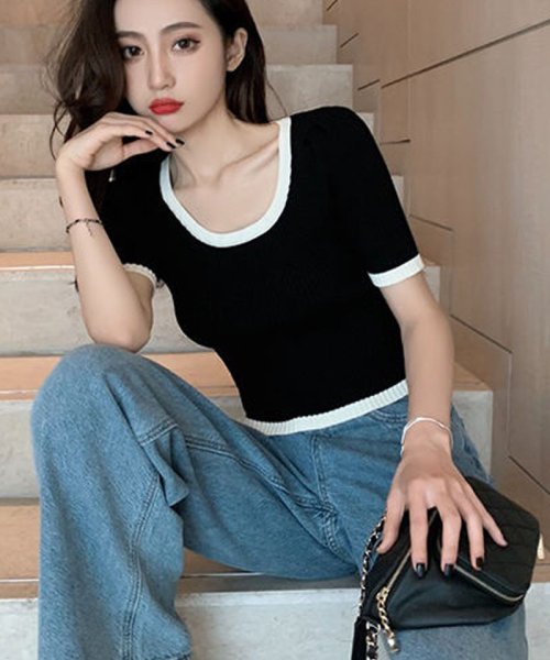 セール サマーニットトップス Uネックtシャツ レディース きれいめ ショート丈トップス ニットソー 半袖ｔシャツ 可愛い ショッピングゴー Shoppinggo Magaseek
