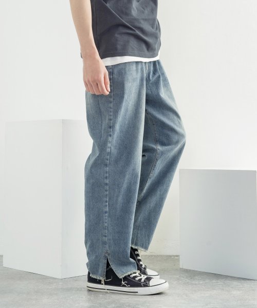 デニムパンツ メンズ テーパード アンクル スリット カジュアル クロップド丈 くるぶし ワイド 綿 コットン カットオフ 裁ち切り ストリート ジーンズ ジー ロッキーモンロー Rocky Monroe Magaseek