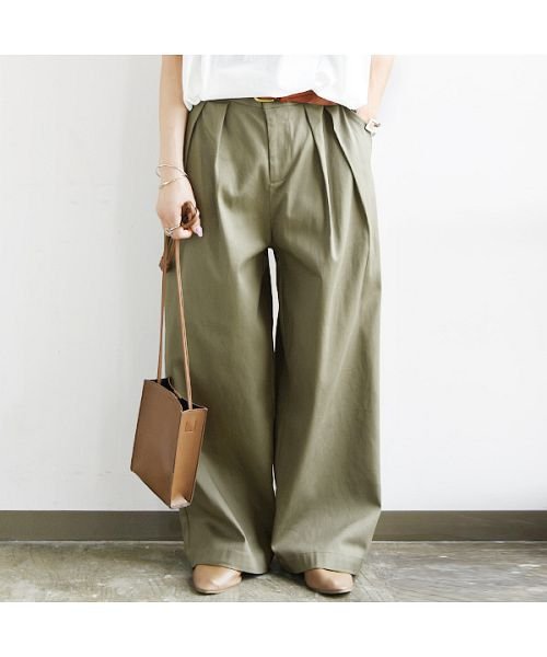 エミュラル Emural コットンツイルタックワイドチノパンツ M L レディース 春夏秋冬 パンツ 綿混 ポリウレタン ベージュ ネイビー ロング ゆったり アンドイット And It Magaseek