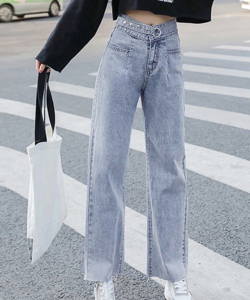 セール ワイドデニムパンツ レディース ハイウエスト ストレートパンツ 無地 裾切りっぱなし ジーパン ゆったり 美脚パンツ ミニミニストア Miniministore Magaseek