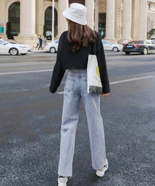 セール ワイドデニムパンツ レディース ハイウエスト ストレートパンツ 無地 裾切りっぱなし ジーパン ゆったり 美脚パンツ ミニミニストア Miniministore Magaseek