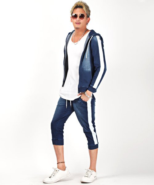 カットデニムクロップドパンツ ジョガーパンツ メンズ クロップドパンツ カットデニム サイドライン ラグスタイル Luxstyle Magaseek