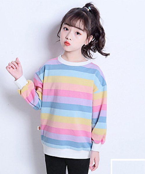 新作 子供服 キッズ 女の子 長袖tシャツ レインボーストライプ トップス ゆったり シンプル カジュアル 人気 可愛い ミニミニストア Miniministore Magaseek