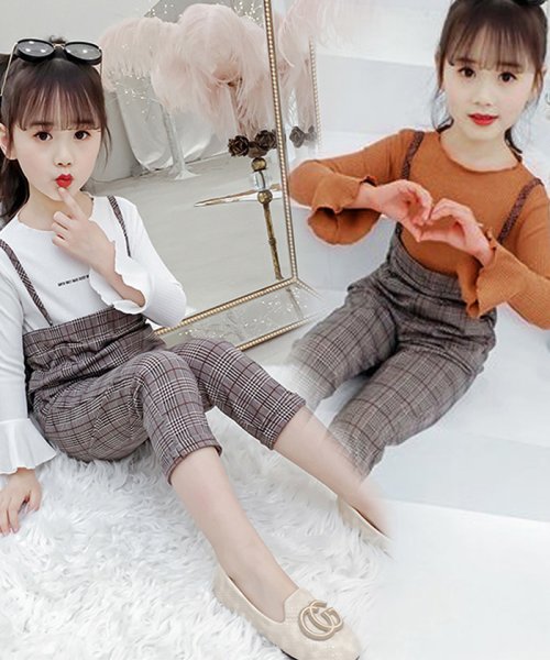 miniministore(ミニミニストア)/セットアップ 子供服 キッズ 女の子 トップス ズボン 長袖 長ズボン ワイドパンツ チェック柄 ブラウン 2点セット/img02