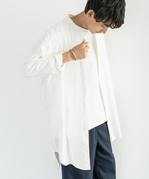 シャツ メンズ レディース ロング丈 シャツコート ライトアウター 羽織 ビッグシルエット バンドカラー 長袖 無地 カジュアル ブロード ゆったり 9668 ロッキーモンロー Rocky Monroe Magaseek