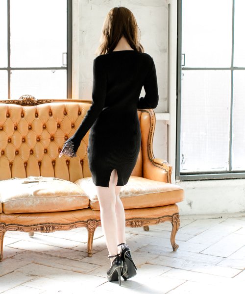 セール 10 Off 袖口レースバストオープンタイトワンピース 600 秋冬 長袖 ミニ 膝丈 Vネック リブ ニット ブラック ボルドー セクシー 大人 ニットワンピース ジュリアブティック Julia Boutique Magaseek