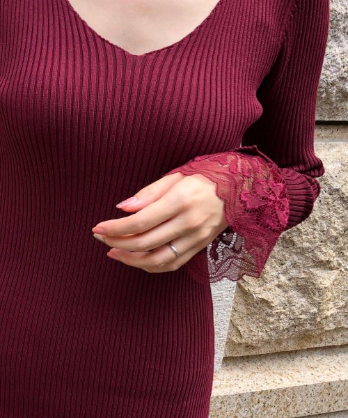 セール 10 Off 袖口レースバストオープンタイトワンピース 600 秋冬 長袖 ミニ 膝丈 Vネック リブ ニット ブラック ボルドー セクシー 大人 ニットワンピース ジュリアブティック Julia Boutique Magaseek